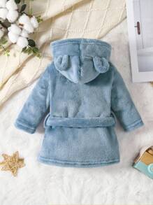 Baby Boy Simple Fashion Blue Long Sleeve Hooded Tie Waist Warm Bathrobe Sleepwear - Blue - View 2