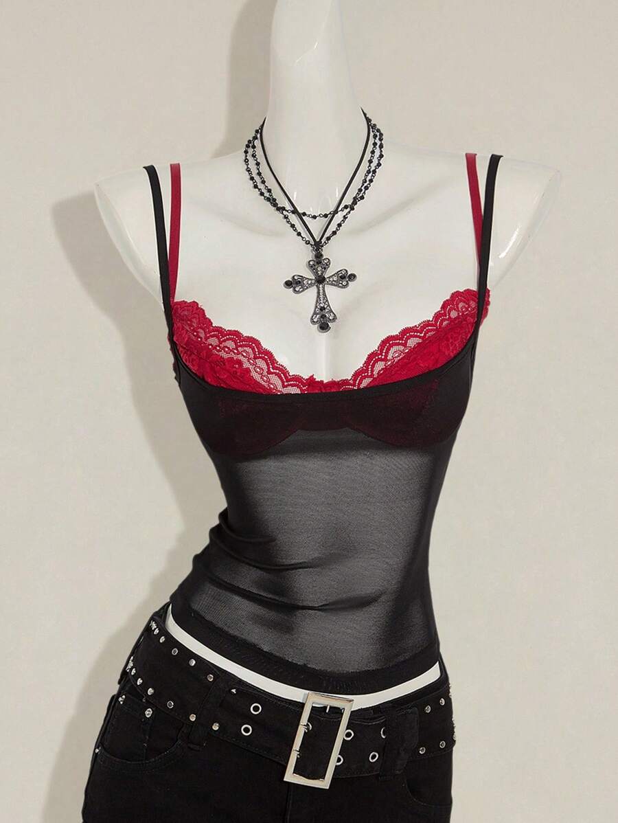 SHEIN ICON 女士红色透视吊带背心，搭配黑色蕾丝细肩带文胸 2 件套