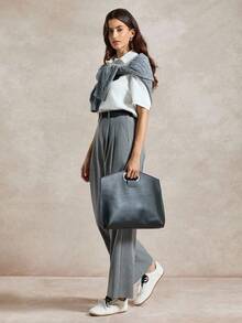 Briarwyn Women's Casual Solid Color Pleated Straight Leg Pants - Grey - View 4