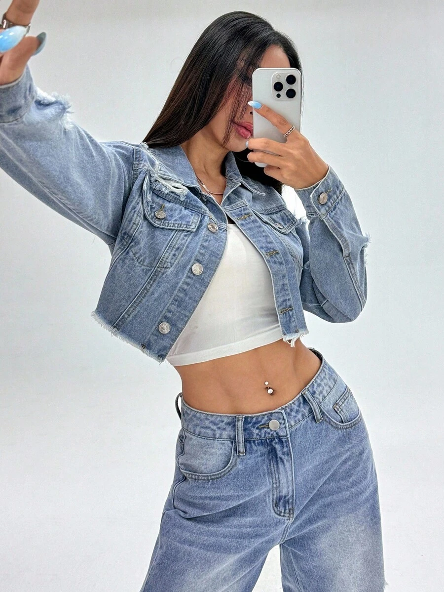 SHEIN PETITE Casual Washed Distressed Frayed Hem Cropped Denim Jacket - Light Wash - View 1