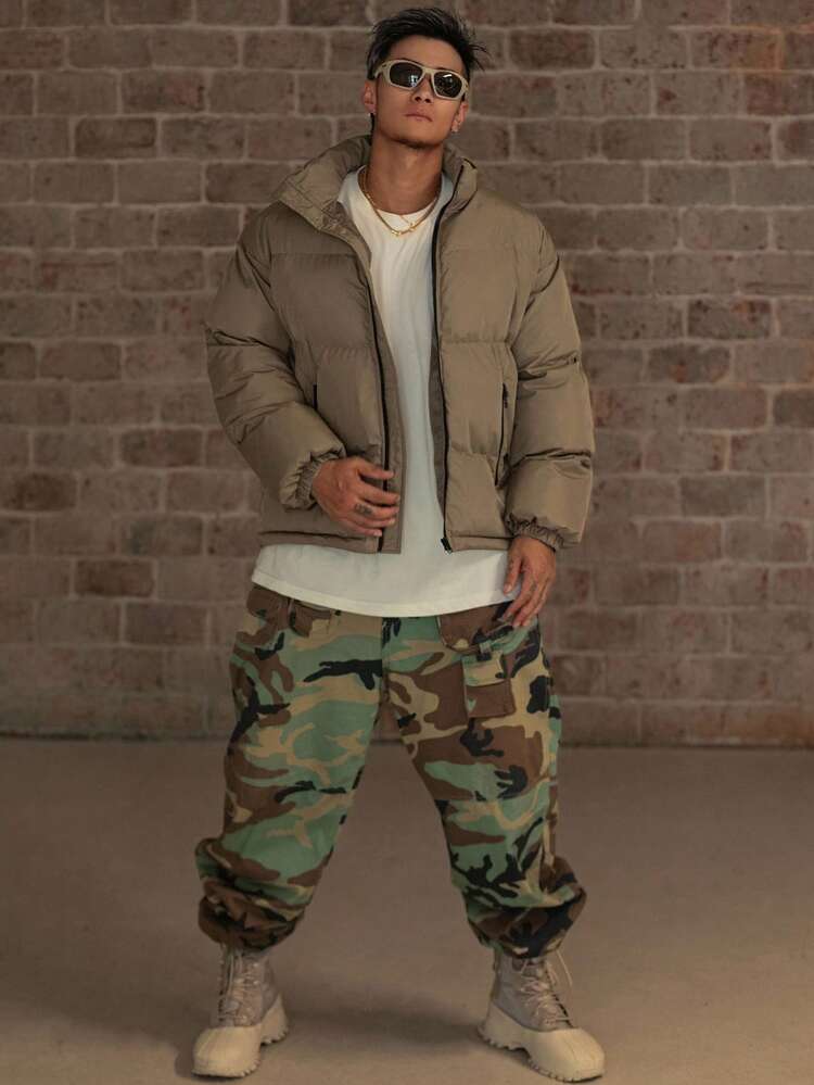 Men's Solid Color Khaki Contrast Zipper Design Regular Fit Padded Coat, Winter Jacket