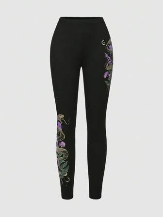 Goth Women's Boho Goth Distressed Botanical & Snake Print Leggings