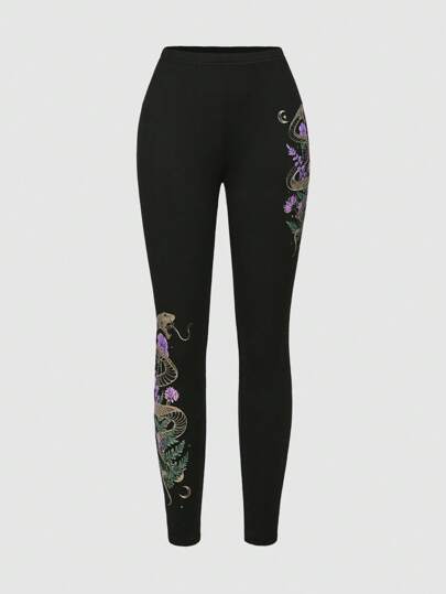 Goth Leggings de mujer con estampado botánico y de serpiente en estilo boho gótico desgastado
