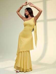 SHEIN PETITE Váy oversize thắt nơ trễ vai, váy lá sen vàng ba lớp, kỳ nghỉ lãng mạn, phù hợp cho mùa hè - Màu vàng - Xem 4