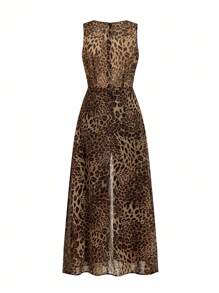 Ellevyn Mono largo elegante sin mangas con estampado de leopardo para mujer, sexy y versátil - Negro - Ver 3