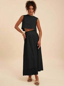 Travachic 两件套女士纯色梭织无袖露脐宽松吊带背心和高腰半身裙，秋冬春夏皆宜，美丽连衣裙，露脐上衣和半身裙套装，休闲女装风格，秋季女装，时尚秋季，外出装，优雅套装，婚礼宾客礼服，婚礼宾客套装 - 黑色 - 查看 5