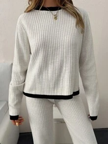 EURMUSE Casual Crew Neck Rib Knit Melange Yarn Contrast Color Stripe Hem And Neckline Drop Shoulder Relaxed Fit Sweater & Wide Leg High Waist Rib Knit Pants 2 Pieces Knit Set For Fall Winter Women,Petite - Apricot - View 4