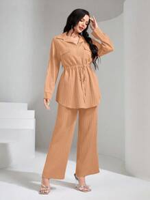 Mulvari Flap Pocket Drawstring Waist Shirt & Wide Leg Pants 2 Pieces Set Modest - Orange - View 6
