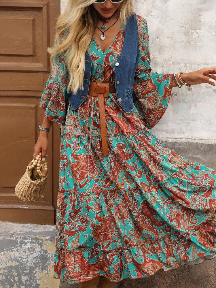Abito da donna con scollo a V, maniche a volant, stile bohémien con stampa, adatto per autunno/inverno - Multicolore - Visualizzare 8