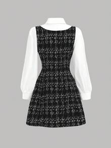 少女优雅公主风粗花呢印花甜美可爱拼接连衣裙，时尚休闲百搭，适合各种场合，如派对、典礼、学校等。