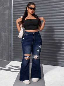SHEIN ICON Quần jeans ống loe rách co giãn màu xanh đậm mùa hè cỡ lớn cho nữ - Rửa tối - Xem 5
