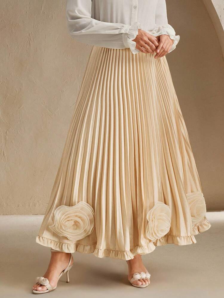 Anewsta Casual Fashion Pleated 3D Floral Decor Plus Size Women Skirt