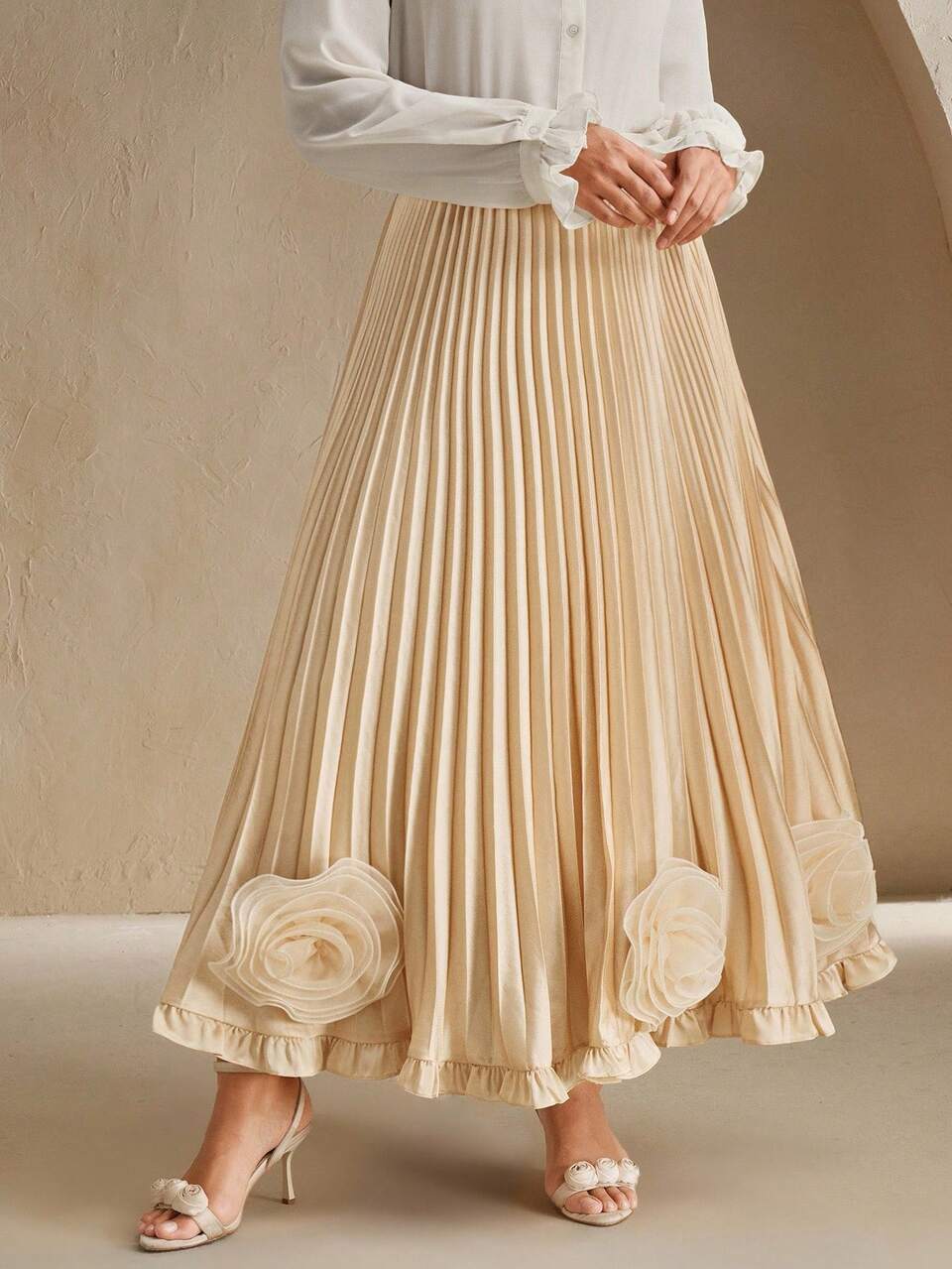 Anewsta Casual Fashion Pleated 3D Floral Decor Plus Size Women Skirt