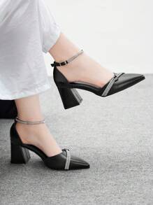 CUCCOO BIZCHIC 女士时尚黑色露背尖头粗跟高跟鞋，经典简约设计，适合通勤、约会、派对、度假、婚礼 - 黑色 - 查看 3
