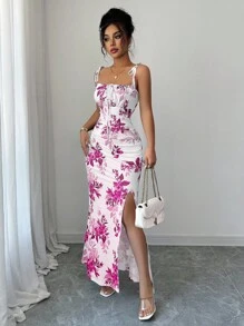 Elenzga Gaun Wanita Terbaru dengan Tali Bahu Tipis, Ikat Pita di Pinggang, Hem Bergelombang, dan Belahan, Serbaguna untuk Kencan, Pesta, dan Pakaian Sehari-hari, Menawan dan Elegan - Hot Pink - View 4