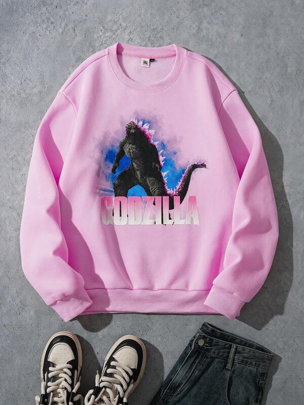 GODZILLAxKONG X SHEIN Men's Casual Everyday Letter & Monster Graphic Crew Neck Sweatshirt