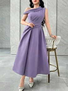 Feyla Váy dự tiệc chữ A nhún bèo vai, eo lệch, thanh lịch, thích hợp cho các buổi tụ tập xã hội - Màu tím - Xem 4