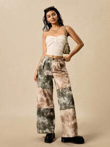 Easelle Women's Retro Casual Personalized Avant-Garde Yellow-Green Camouflage Pattern Splicing One Trousers Multi-Wear Zipper Closure Multi-Function Loose Straight Low-Waist Trousers - Multicolor - View 2