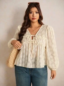 Elaquor Áo sơ mi tay dài thêu hoa thường ngày cho nữ cỡ lớn - Màu be - Xem 3