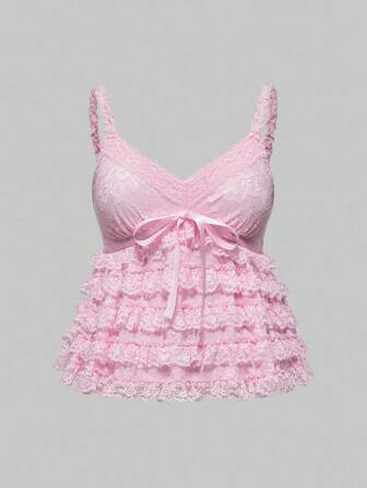 Kawaii Débardeur grande taille en dentelle rose doux avec patchwork et nœud papillon