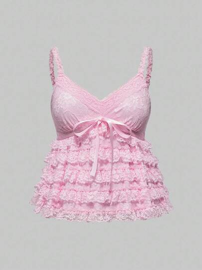 Kawaii Plus Size Sweet Pink Lace Patchwork Bowknot Camisole