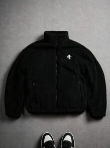 PAVTROS Manfinity Streetrush Men's Casual Embroidered Fleece Jacket, Autumn/Winter, Y2k Jacket, Cross Jacket, Letter Man Jacket, Grunge - Black - View 8