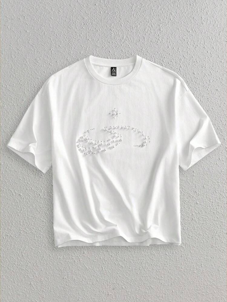 Men's Casual Solid Color Studded Decoration Short Sleeve T-Shirt, Summer