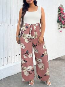 SHEIN LUNE Plus Size Floral Colorblock Tie Waist Jumpsuit Spring Break Boho Rave Outfits Festival Spring Break Outfits Old Money Style Women Rave Outfits Summer Spring Outfits For Beach - Pink - View 3