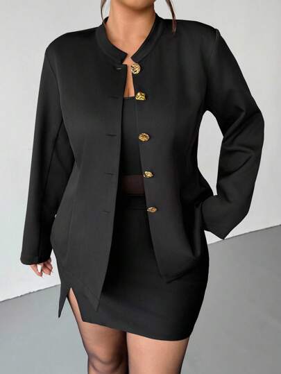 Firerie 大码女式金属纽扣开合夹克，简约通勤风格，中长款