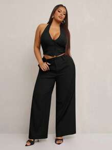 SHEIN SXY Bộ vest blazer 2 món thanh lịch gợi cảm cỡ lớn dành cho nữ: Áo vest ôm sát không tay màu xám + Quần dài ống đứng cạp rộng cài hai hàng khuy phù hợp, Thích hợp cho du thuyền, tiệc Carnival, kỳ nghỉ bãi biển, đêm hẹn hò, sinh nhật, tiệc độc thân, Gyaru, Ibiza, Nashville, nghỉ ngơi, tiệc tùng, khiêm tốn, sang trọng, câu lạc bộ, dễ thương, thường ngày, mua sắm, thời trang đường phố, đi chơi, - màu đen - Xem 5