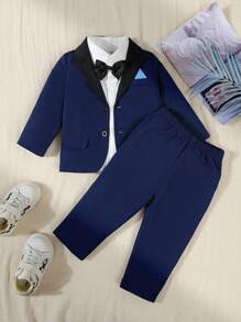 2 件套男婴优雅正式西装套装，拼色翻领仿口袋夹克和松紧腰裤，不含衬衫，不含蝴蝶结，适合 6 个月至 3 岁儿童，适合婚礼、表演、派对、生日、圣诞节、毕业典礼的正式服装 - 彩色 - 查看 4