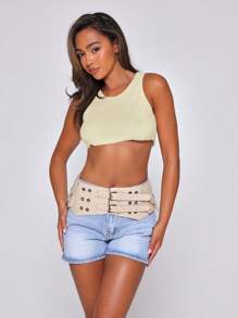 SHEIN X LOS FAVORITOS DE KARIME PINDTER MUSERA 性感超短款罗纹毛边下摆背心，适合伊比沙岛度假、复古音乐节、锐舞派对、夜店等场合，秋季必备。 - 白色 - 查看 6