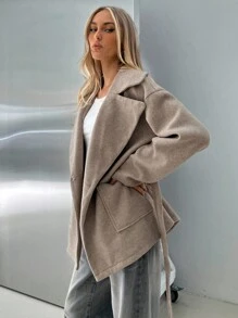 Aloruh 秋季女装，女士加厚卡其色翻领口袋宽松大衣，适合秋冬季节穿着。 - 卡其色 - 查看 5