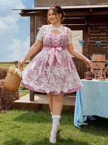 SHEIN Frenchy Plus Size Elegant Vintage Lace Patchwork Sleeveless Dress, Dirndl,Wedding Guest Dress Women,Fall Clothes For Women - Dusty Pink - View 3