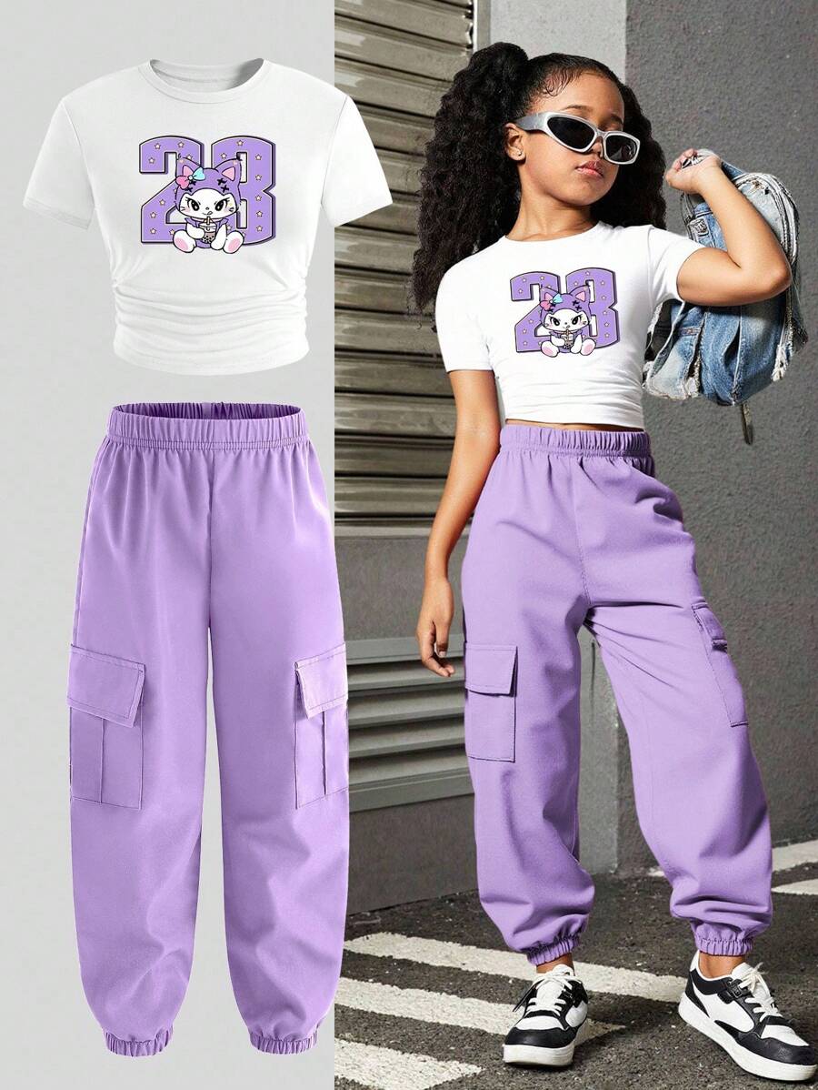 SHEIN 2 件套可爱猫咪数字印花休闲时尚服装，女孩青少年短袖上衣和慢跑裤套装