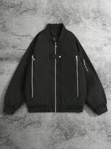 Manfinity EMRG Men's Casual Versatile Solid Color Zipper Design Jacket, Black Jacket Zip Up, Men's Bomber Jacket, Techwear Jacket, Men's Zip Up Jacket, Street Wear Jacket - Black - View 3