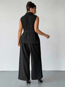 Firerie 大码女装休闲优雅通勤简约纯黑色神秘无袖系带背心马甲腰系带宽松阔腿裤带口袋两件套/演唱会改良机场教师工作服，秋季女装大码裤装套装大码两件套女优雅两件套两件套裤子套装女秋季 - 黑色 - 查看 6