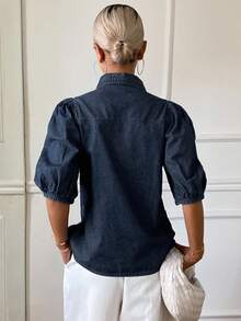 Livesso 女式夏季翻领泡泡袖收腰牛仔衬衫