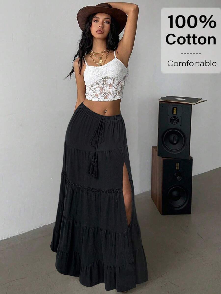 Siren Gaze Váy đi biển Boho 2025 dành cho nữ - Váy maxi xếp tầng vải lanh pha xẻ tà cao, cạp chun và viền ren, trang phục thiết yếu cho lễ hội âm nhạc và kỳ nghỉ | Váy chữ A mùa hè, mùa hè dành cho nữ, phụ nữ đi nghỉ, bãi biển - màu đen - Xem 1