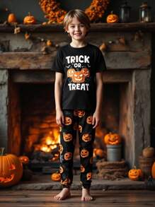 青少年男童睡衣 UV 灯夜光万圣节南瓜印花黑色针织圆领上衣和紧身南瓜印花裤两件套，万圣节礼物，建议订购大一码 - 黑色 - 查看 3