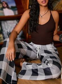 Miss Vinta 女士休闲V领格子印花睡衣套装 - 棕色 - 查看 5