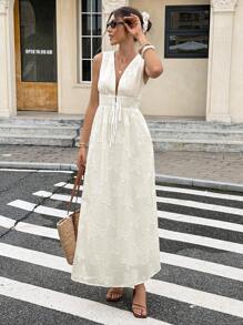 SHEIN Frenchy Women's Floral Jacquard Deep V-Neck Tie-Waist Sleeveless Dress Summer Casual - Apricot - View 5