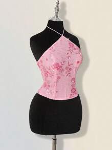 SHEIN ICON 女士串珠返校节粉色花卉亮片优雅挂脖吊带背心 - 粉色 - 查看 7