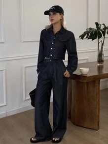 Livesso Women's Loose Fit Long Sleeve Top And Denim Pants Set, Autumn - Blue - View 5