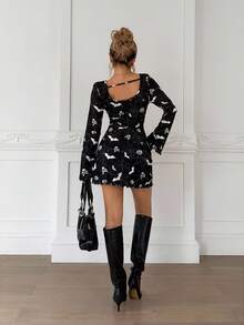 SHEIN Teen Girl Fitted Casual Comfortable Round Neck Long Sleeve Ruffle Hem Halloween Skull Print Dress - Black - View 2
