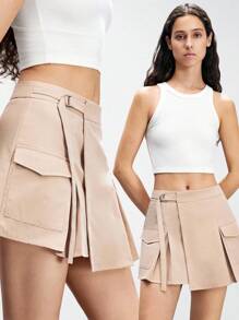 Lumivelle 女式时尚工装风褶裥卡其色迷你裙 女式短裙 休闲装扮 春季大学服装 - 卡其色 - 查看 8