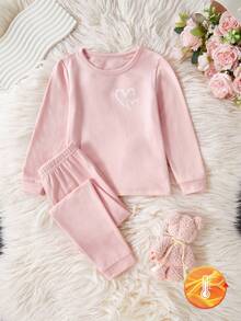 1 Set Young Girl Base Layer, Vibrant Pink Heart Print Soft Stretchy Fabric Long Sleeve Top And Pants Matching, Comfortable Fit And Easy Care (1 Set Sold Separately)