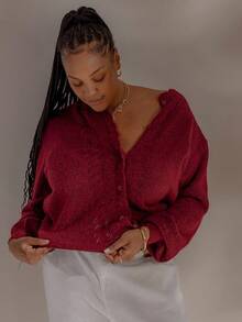 Aralina Áo cardigan cardigan dáng suông cài khuy kiểu Stockholm dành cho giáo viên, mùa thu đông, kiểu dáng thường ngày. - Đỏ - Xem 1