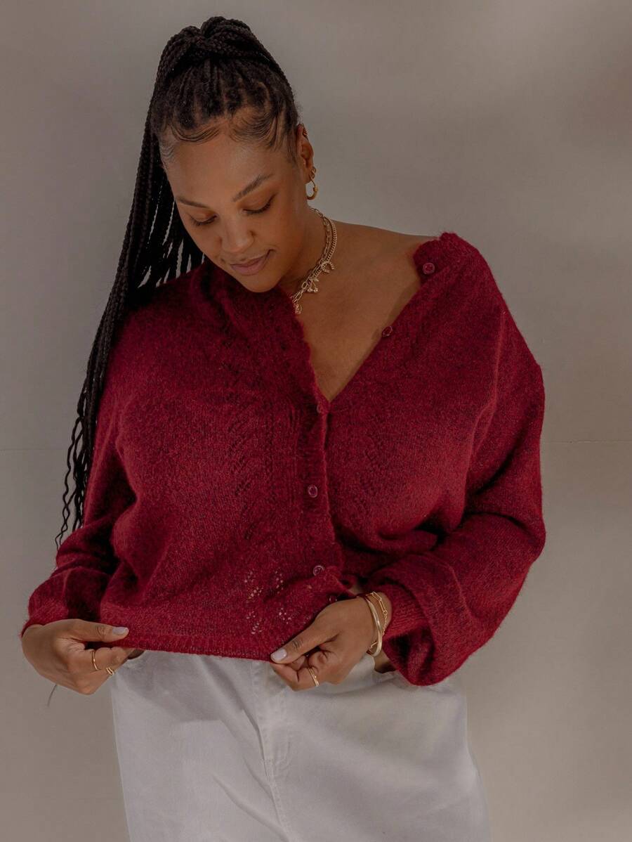 Aralina Áo cardigan cardigan dáng suông cài khuy kiểu Stockholm dành cho giáo viên, mùa thu đông, kiểu dáng thường ngày. - Đỏ - Xem 1
