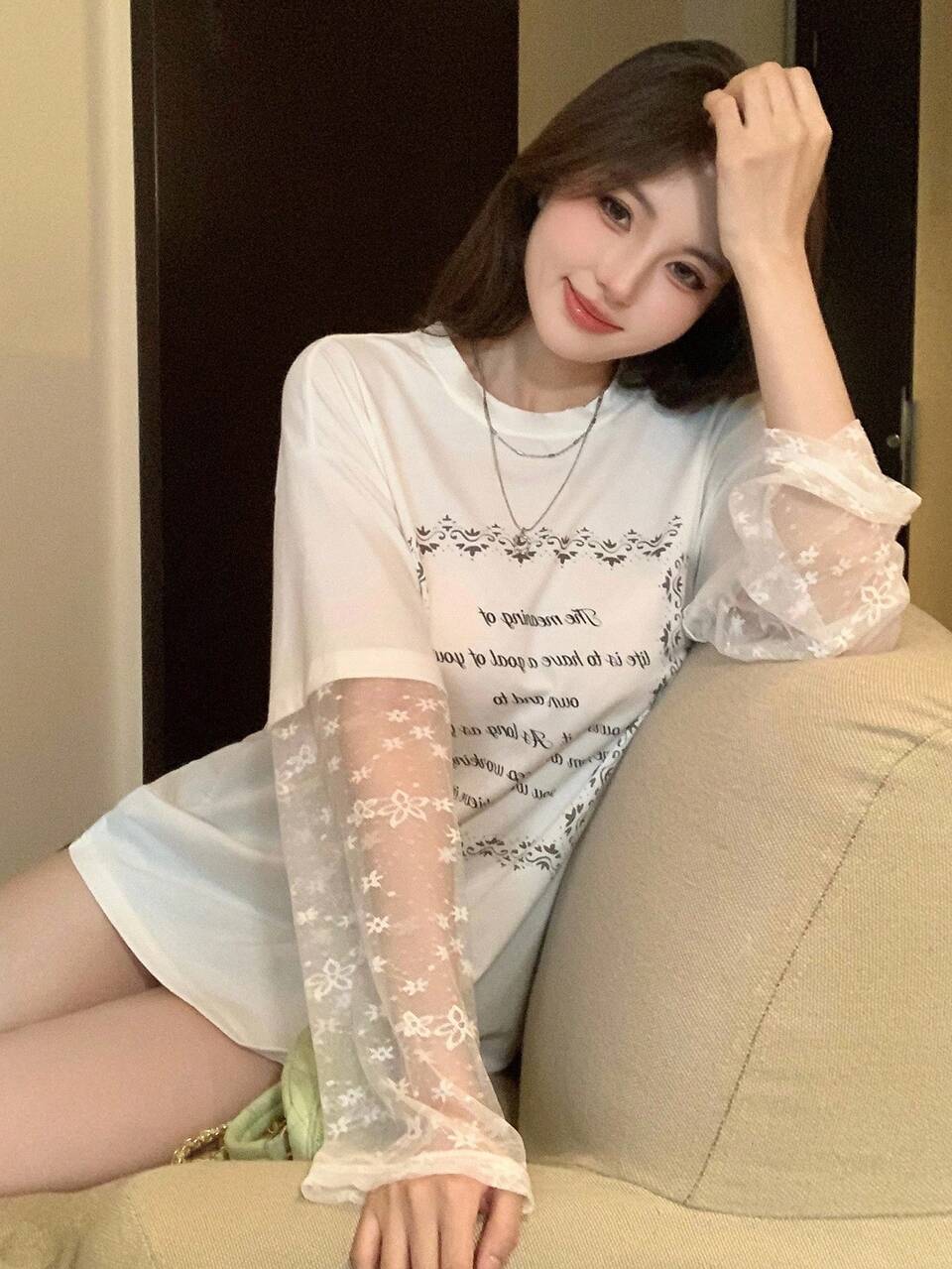 Autumn/Spring & Summer Casual Loose Letter Graphic Print Mesh Lace Patchwork Round Neck Long Sleeve Tee Shirt For Women,Fall Women Clothes